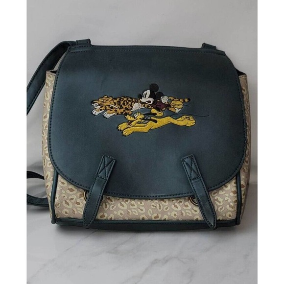 Loungefly Handbags - Loungefly Disney Mickey, Pluto & Leopard Crossbody Purse Bag Green Tan